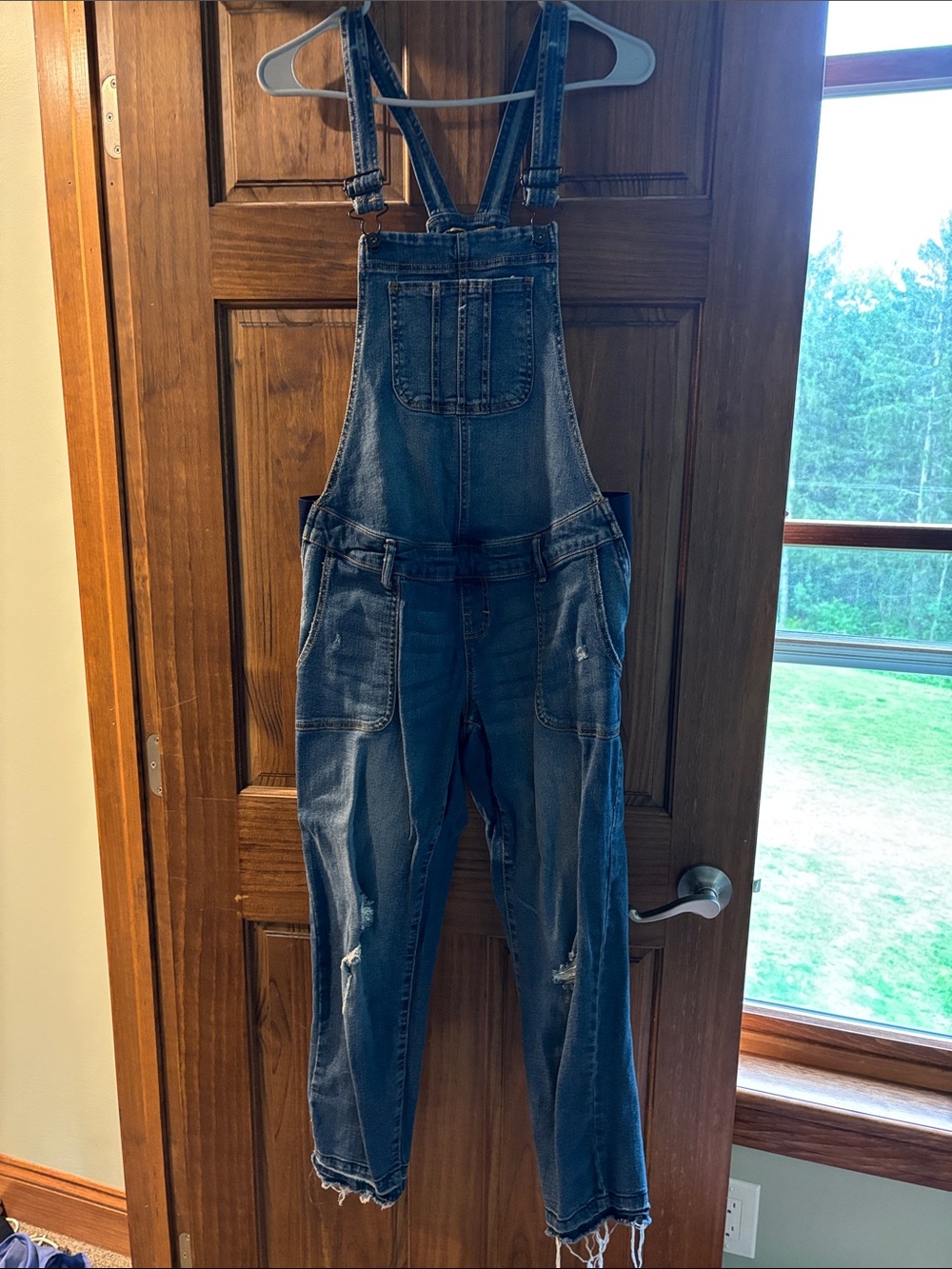 Indigo Blue Distressed Denim Overalls in Dark Blue